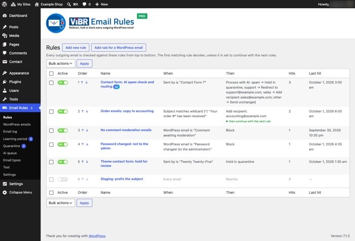 Vibr Email Rules rules list in the WordPress admin with an on/off switch per rule
