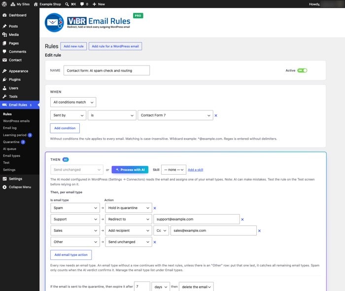 Rule editor: when Sent by is Contact Form 7, AI email routing per email type