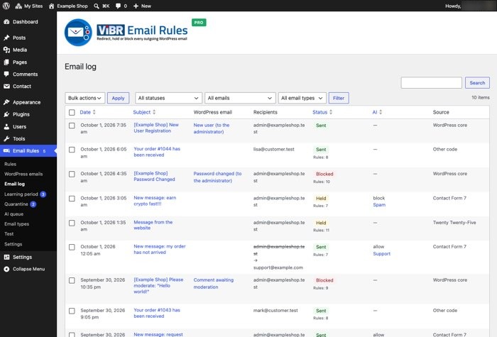 Email log with status, matched rule and sending plugin for each outgoing email