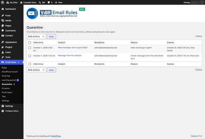 Quarantine screen with held emails to release or delete
