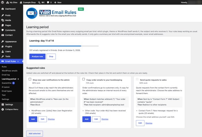 Learning period with AI-suggested rules for the email the site sends